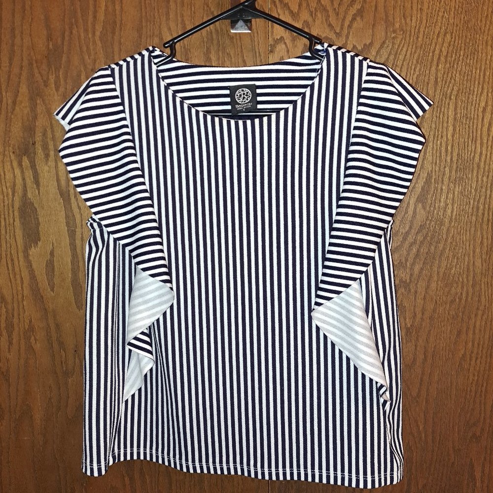 Bobeau Black and White Vertical Striped Ruffle Side Short Sleeve Top size Small - Picture 1 of 5